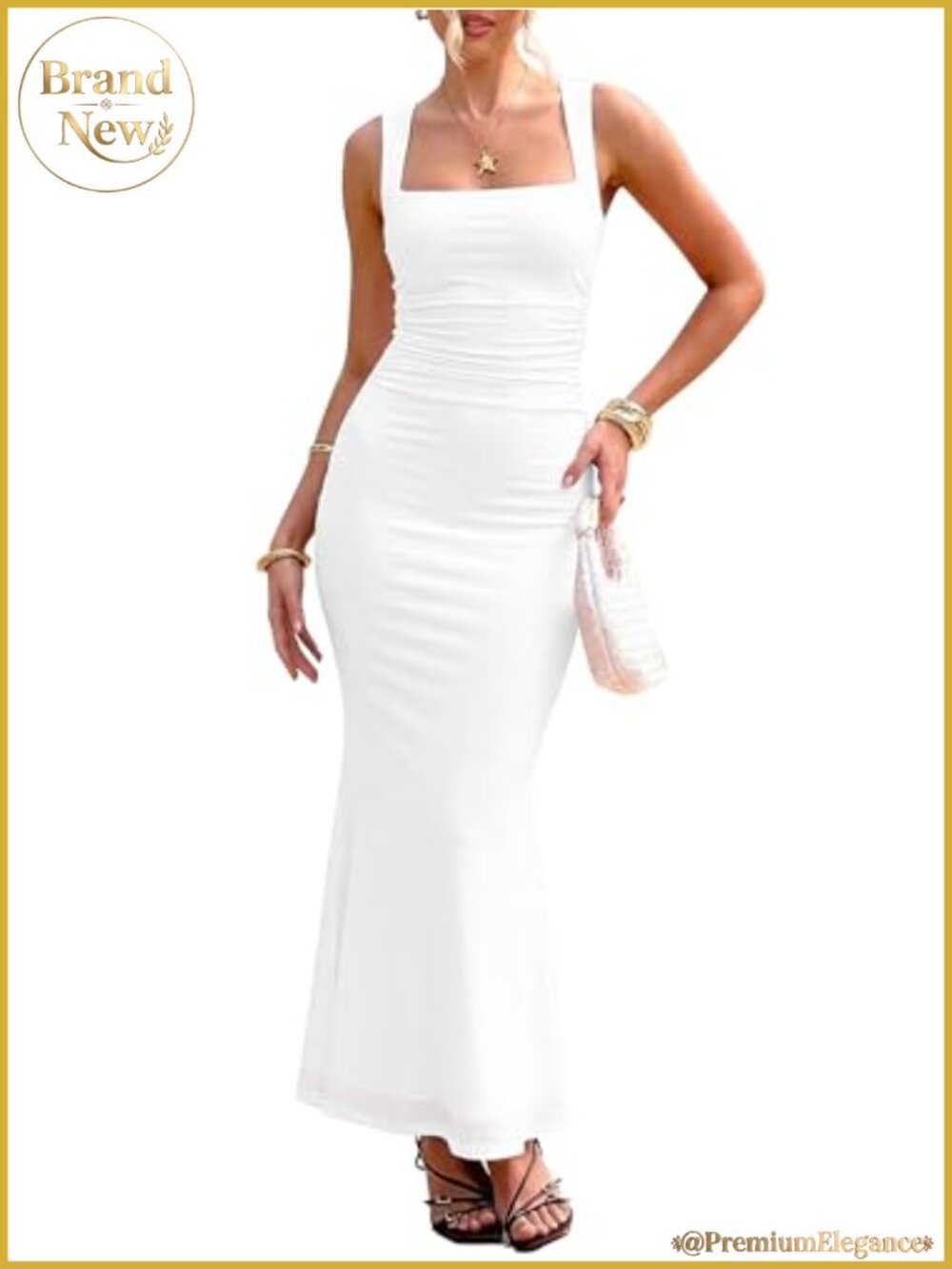 BORIFLORS Square Neck Ruched Bodycon Maxi Dress